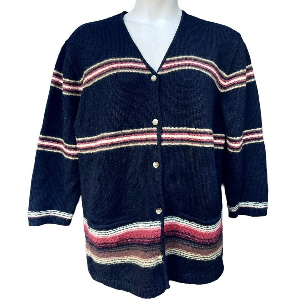 Vtg Southwest Aztec Susan Bristol Cardigan Size XL Wool Sweater 90s Black Red